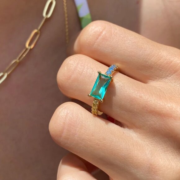 EAST WEST RING- PARAIBA pariba baguette ring SIZE 8 - Picture 1 of 4